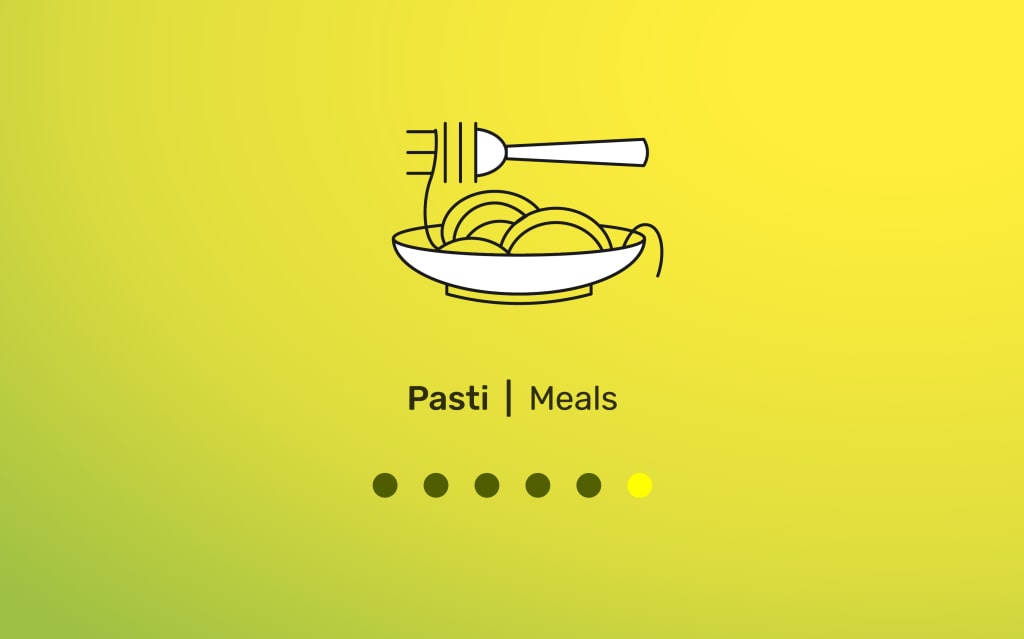 Icona di un piatto e posate per opzioni pasti con sfondo verde e giallo.